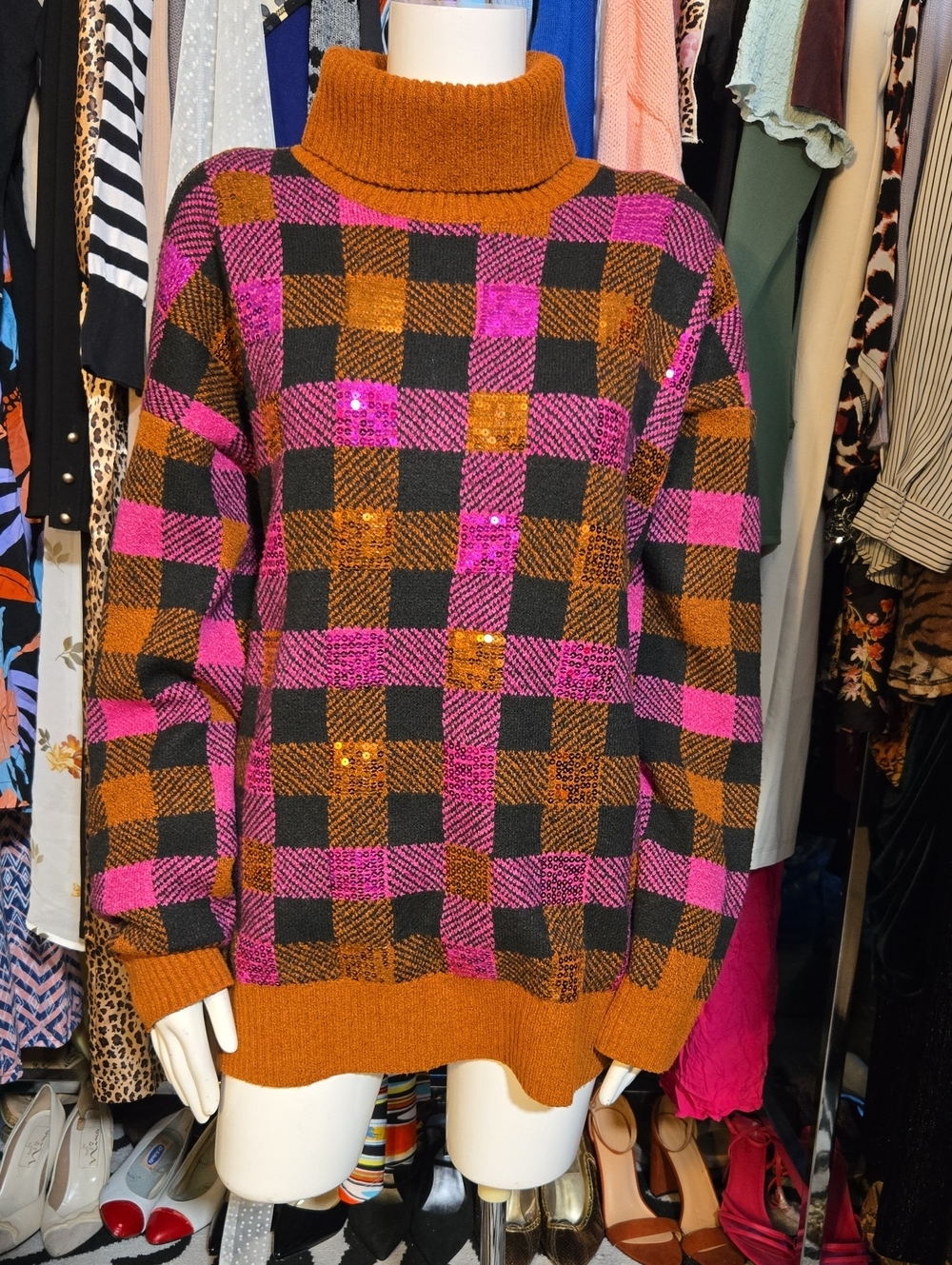 Studio Orange & Pink Plaid Turtleneck Sweater with Sequins